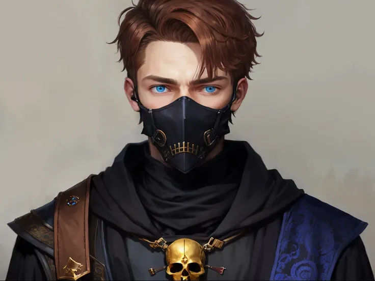 Male necromancer portrait, black hood, golden skull mask, young male , blue eyes , short brown hair ,