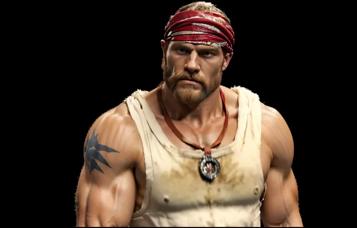 a close up of a man with a red bandana on his head, technoviking male with no shirt, buff man, heavy looking, muscular character, as a character in tekken, arnold maya render, male character, bald male swashbuckler, goro from mortal kombat, picture of an a...