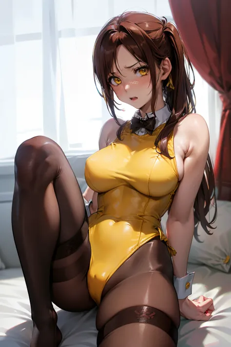 masutepiece, Best Quality, 1girl in, (Claire Redfield), Brown hair, (Yellow eyes:1.2),((bunnygirl))、((Leotard))、((Mesh Stockings))、((Bedroom))、length hair、poneyTail、((embarassed expression))、((open the legs widely))、(Photo from below)、