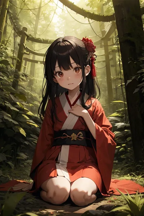 torii in the forest,Red furisode,9 year old girl,Frightened look,amaryllis,straight haired,A dark-haired,Lie on your back on the ground,Gloomy look,Rainy nights