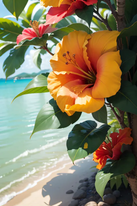 there is a red flower that is on a tree by the water, beautiful tropical flowers, vibrant red hibiscus, tropical flower plants, hibiscus flowers, hibiscus, red flower, red blooming flowers, blooming tropical flowers, draped with red hybiscus, beautiful flo...