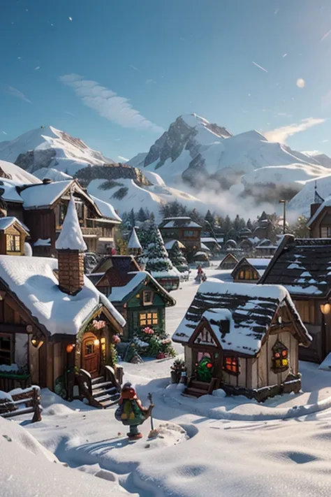 a snow-covered gnome village with lots of little hard-working gnomes, im pixar sytle