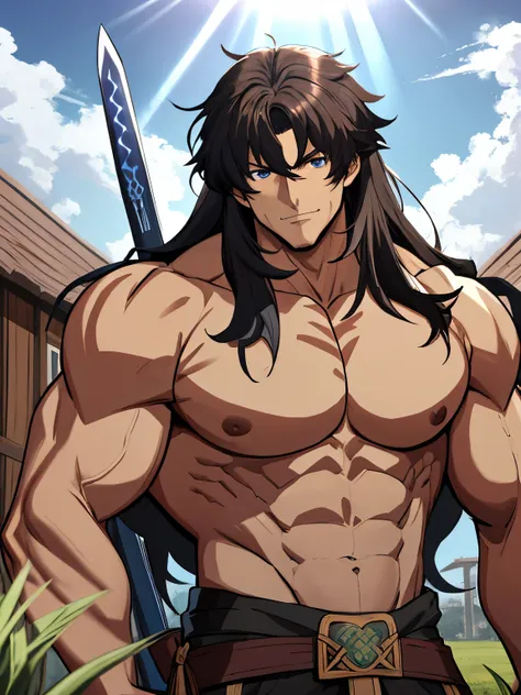 (masterpiece:1.4), (best quality:1.4), 1 man, solo, (Emiya Kiritsugu  FateZero):1.2), a muscular man, tanned complexion, jet black hair, (((shoulder length hair))) blue eyes, (very detailed eyes:1.2), ((delicate eyes:1.2, anime style eyes:1.2)) (very detai...