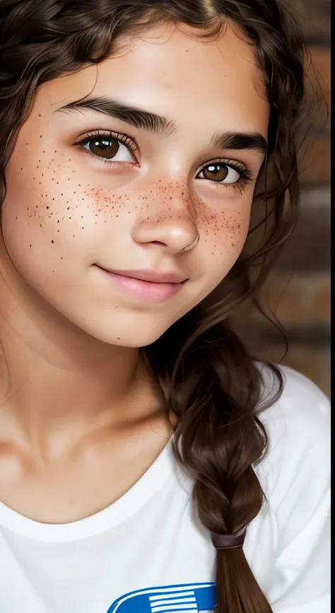 1girl. Tan skin, freckles on nose, freckles on cheeks, dark brown hair, wavy hair, hair braid, T-shirt, 20 years old,