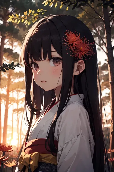 in the woods at night,Cute furisode,9 year old girl,A forest full of blooming red spider lilies,straight haired,Very long black hair,Pattsun bangs,at the sunset,Expressionless girl,girl looking up,