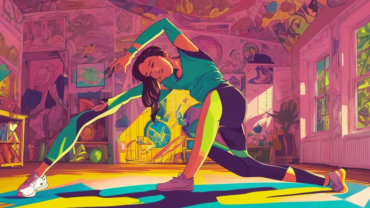 A vibrant and dynamic digital illustration depicting a person engaging in various types of physical fitness activities, such as stretching and yoga poses. The illustration showcases the importance of flexibility in a visually appealing way, with bold color...