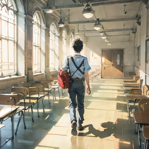 a boy walking in a school hall room, a bag on one shoulder, boy