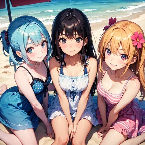 4 girl going on summer vacation at beach, smiling face, wearing summer dress, looking at viewer high resolution