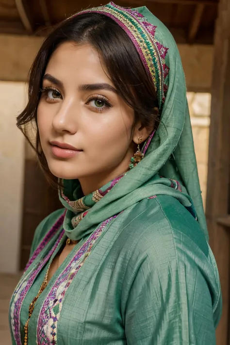 jordanian woman, 26 years old, very beautiful, wearing common Jordanian clothes, beautiful green eyes, wear a colorfull hijab, stunning masterpiece,