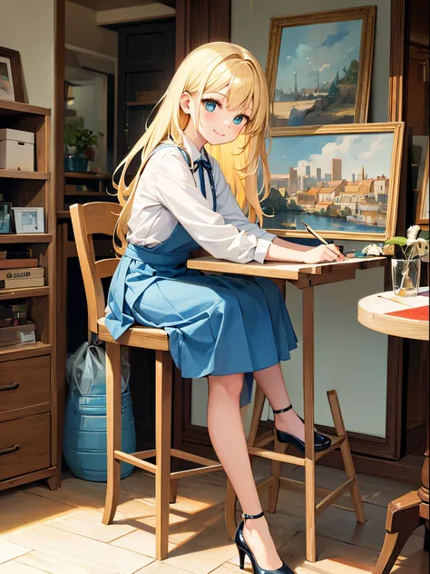 1girl, painter, canvas painting, sitting in a stool chair, table, cute smile, cream skirt, long skirt, aquamarine eye, crossing legs, color pallette, blonde hair, blue shirt, heels, art studio, painting tool on top of table