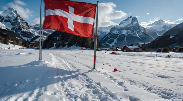 Generate a visually stunning image that highlights the Swiss flag as a focal point. A bandeira deve ser exibida com orgulho e clareza, capturing the essence of its bold red color and white cross against a captivating background. Consider incorporating elem...