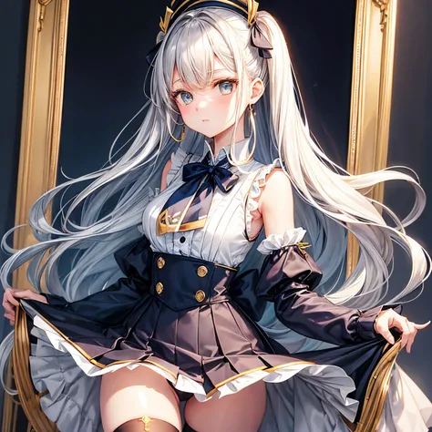 Portrait of a girl with long silver hair、Sleeveless, high-collar white button-front shirt、Navy cameo ribbon tie with gold trim、A dark blue cameo with a golden border and a silhouette of a white lady.、Navy blue high-waisted flared miniskirt with bustier、pan...