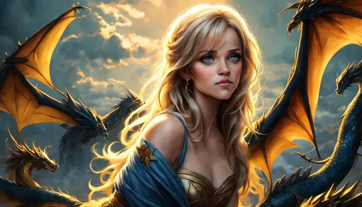 ((melhor qualidade)), ((obra-prima)), (detalhado), empress dragon "reese witherspoon", olhos realistas, cabelo preto, olhos azui...