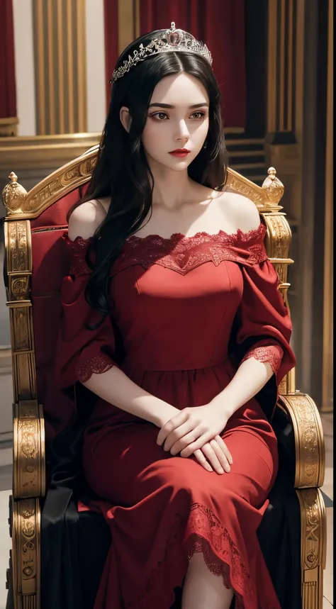 woman, slightly pale white skin, long, slightly wavy black hair, light red eyes, bright lips, wearing an off-the-shoulder dress with lace, red dress, lace on the straps, tiara crown on her head, arms crossed, serious expression, sitting on a throne, throne...