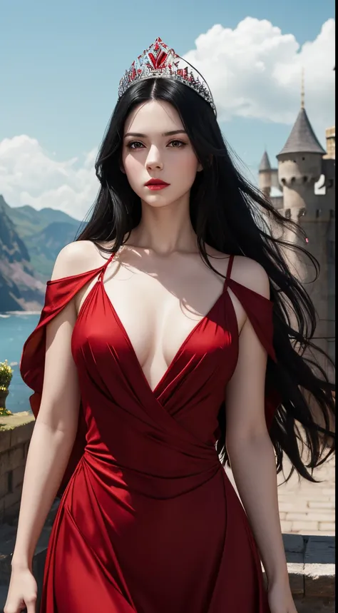 woman, slightly pale white skin, long, slightly wavy black hair, light red eyes, bright lips, wearing a long, bright red dress with a deep v-neck, tiara crown on her head, serious expression, castle background.