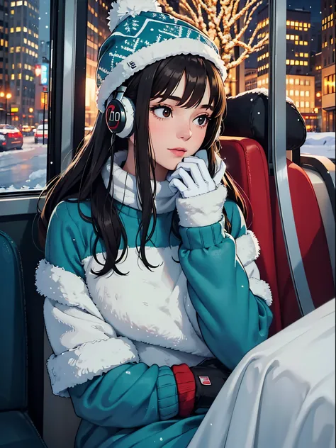 lofi relaxed one brunette girl with headphones drives inside bus, looks through window, head glued to window. winter night, its snowing a lot. beautiful winter landscape of New York Rockefeller Center with huge (Christmas trees). travel. tourist. christmas...