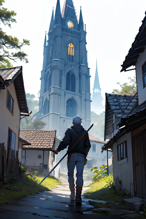 Man holding mail in his left hand and a scythe behind his back, ele na frente de uma casa abandonada e uma torre de castelo, sob a lua cheia e uma coruja em cima da casa, ao lado da casa um cavalo branco