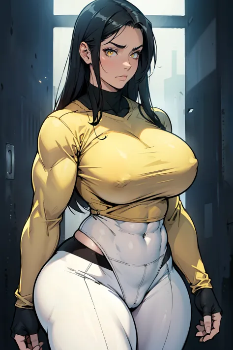 sad girl muscular muscular muscular breasts breasts breasts thick thick thick thick black hair yellow eyes pale skin pale skin thick thick thick leggings tight shirt long sleeve dark atmosphere thick thick thick thick thick thick muscular simple background