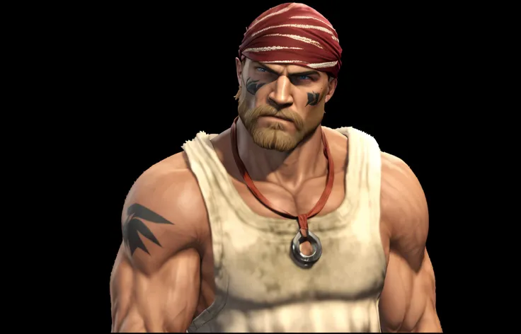 a close up of a man with a red bandana on his head, technoviking male with no shirt, buff man, heavy looking, muscular character, as a character in tekken, arnold maya render, male character, bald male swashbuckler, goro from mortal kombat, picture of an a...