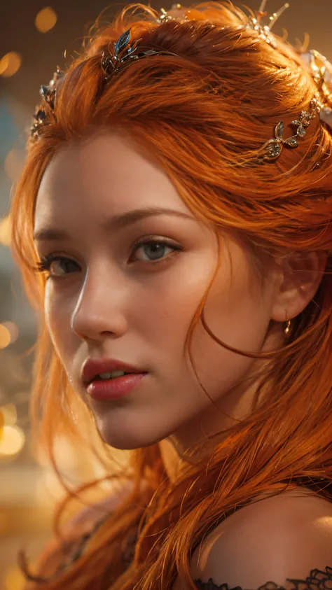 HDR 10, beautiful girl, detailed eyes, detailed lips, very long hair, orange hair, ultra detailed texture, water drops, outdoors, game of thrones, orange heavy dress, (high detailed orange dress:1.5), lace, loops, soft lighting, csitting, I want to commiss...