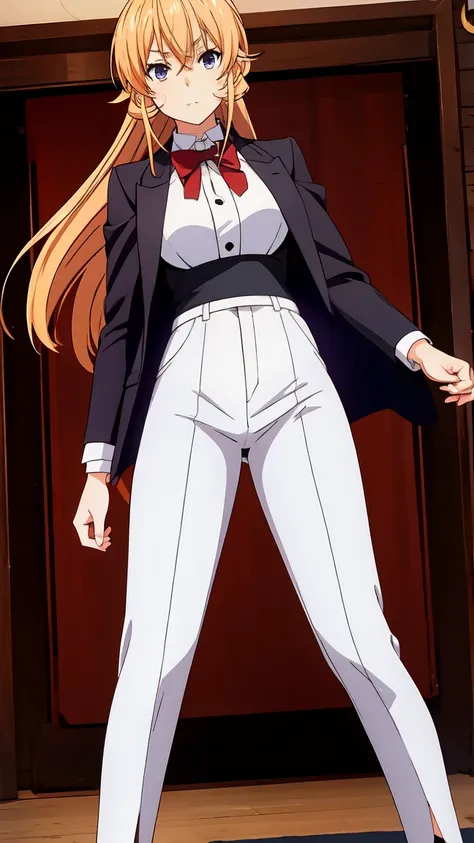 Nakiri erina wearing a tuxedo with long seelk jacket and white pants tight, blonde hair, full body