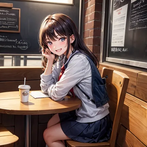 Two 18 years old girl setting at coffee shop after college, laughing face, college dress, looking at viewer