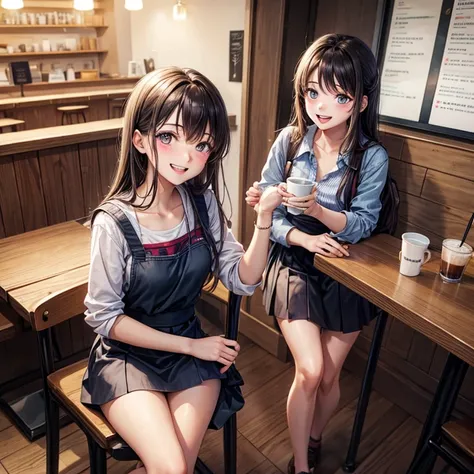 Two 18 years old girl setting at coffee shop after college, laughing face, college dress, looking at viewer