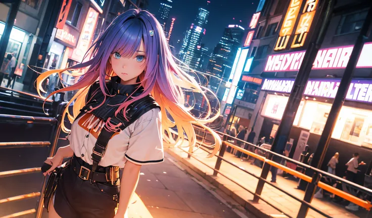 NY, (gradient hair, dutch angle:1.3), film grain, chromatic aberration, city, masterpiece, best quality, raw photo, photorealistic, absurdres, 1girl, cute, perspective, cowboy shot, highres, ultra detailed, detailed eyes and face, sharp pupils, realistic p...