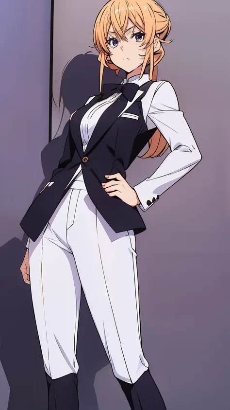 nakiri erina wearing a tuxedo with long seelk jacket and white pants tight, blonde hair, full body