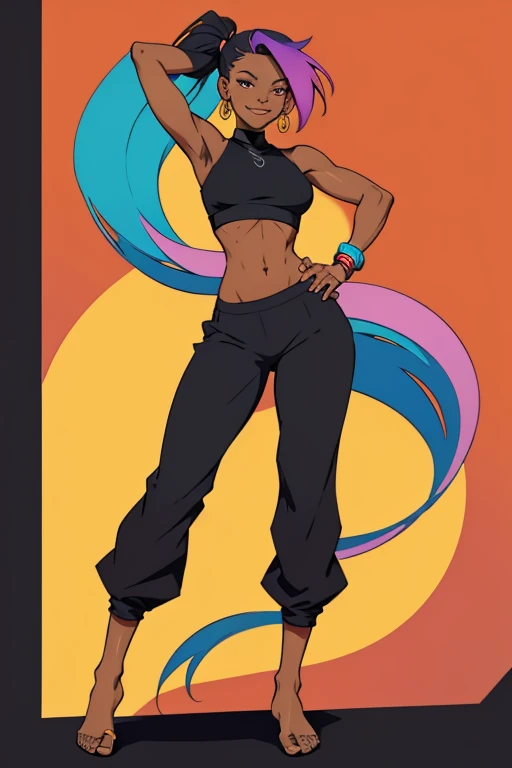 A barefoot, beautiful woman standing in a dynamic pose,wearing a black croptop and  colorful long harempants, looking happy.