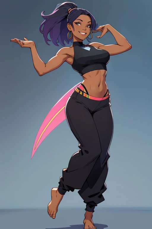 A barefoot, beautiful woman standing in a dynamic pose,wearing a black croptop and  colorful long harempants, looking happy.