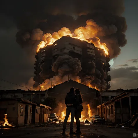 Capa de uma obra musical estilo rock, with the title "mundo louco" and which has ruined buildings and burning cars in the background.