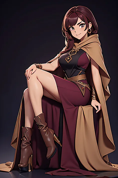 woman wearing a cloak, maxi dress, high double slit, leg, sitting sideways, high heel boots, tan and Burgundy