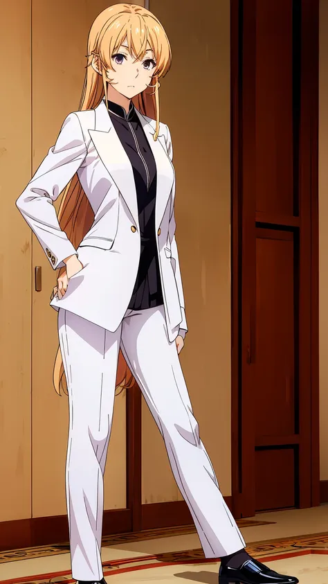 nakiri erina wears a formal suit with a long silk jacket and white skinny pants, blonde hair, full body