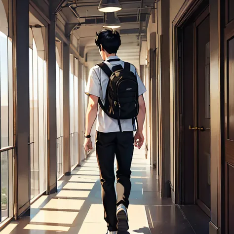 a boy with black hair, white shirt, walking in school hall way, crowded with students, a black backpack on one shoulder, back view, walking, boy