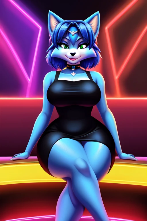 Krystal the fox, starfox, 2D illustration, 1.2, solo, perspective, curved thighs, huge thighs, curvature, embarrassed smile, (tail), totally blushed, nervous, looking at the viewer, green eyes, black choker, little black dress, skin-tight dress, Nightclub,...