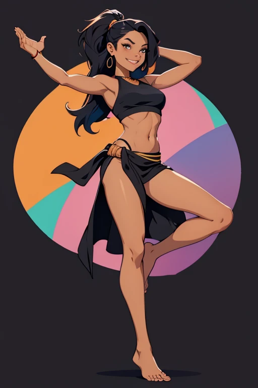 A barefoot, beautiful woman standing in a dynamic pose,wearing a black croptop and  a sarong, looking happy, colorful background.