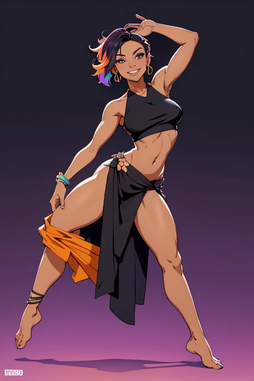 A barefoot, beautiful woman standing in a dynamic pose,wearing a black croptop and  a sarong, looking happy, colorful background.