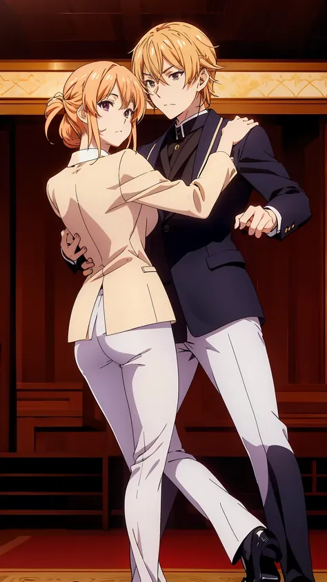 Nakiri Erina wears a formal suit with a long silk jacket and white skinny pants, blonde hair, Full body, waltz dance