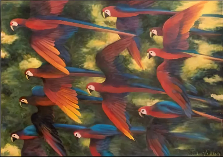 pintura de um bando de araras voando no ar, beautiful background of a blue sky with white clouds, birds, Papagaios, Directed by: Doris Blair, ethereal macaw, aves tropicais, Flamboyant, Amazing, brightly coloured oil on canvas, Directed by: Louise Abbéma, ...