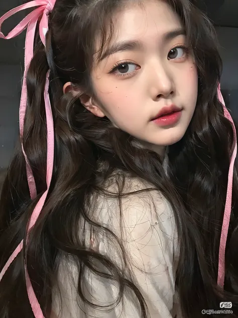 hay una mujer de pelo largo que lleva un lazo rosa, ulzzang, con cabello largo y ojos penetrantes, maquillaje popular de Corea del Sur, Ojos grandes y cabello largo y suelto, Retrato realista kawaii, maquillaje coreano popular, Pelo rosa de cola doble y oj...