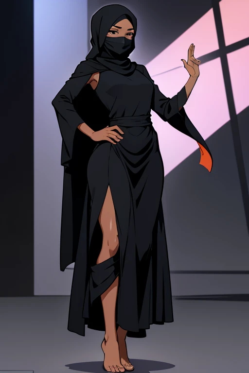 A barefoot woman, wearing a black dress with hijab, and a black facemask, standing in a dynamic pose.