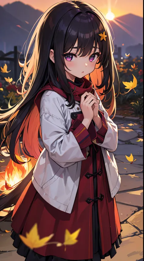 Child girl, zero chest, 8 years old, 1girl, (perfect face), detailed pupils  ,  In the midst of a vibrant autumn scene, a girl with long hair and purple eyes stands with a pink cardigan, her hair adorned with star hair ornaments and ginkgo leaves. The fore...