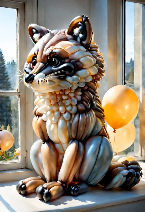 balloonz, balloons, made out of balloons, raccoon, sitting on a window sill, natural lighting