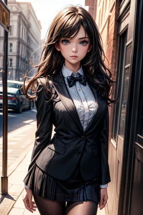 Top Quality, Masterpiece, 1 Girl, Beautiful Face, (Photorealistic Photos:1.3), Rim Lighting, (High Detail Skin:1.2), 8K UHD, DSLR, High Quality, High Definition, 4K, 8K, Bokeh, (Real: 1.3), Small Face, Cute One Girl, Black Formal Blazer, Middle Breast, Sho...