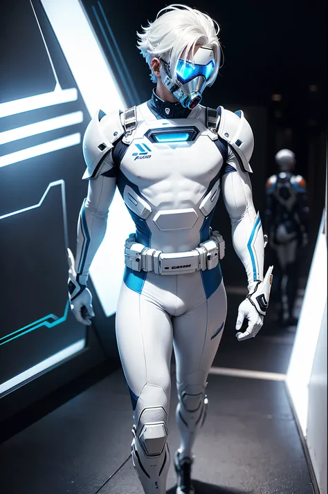 body suit, white and blue suit, futuristic suit, white gauntlets, white gloves, white hands, skin tight bodysuit, toned male, teenager, young male, futuristic gas mask and vizor, bodysuit, futuristic, sci fi, toned male, hands seen, hair visible, solo male...