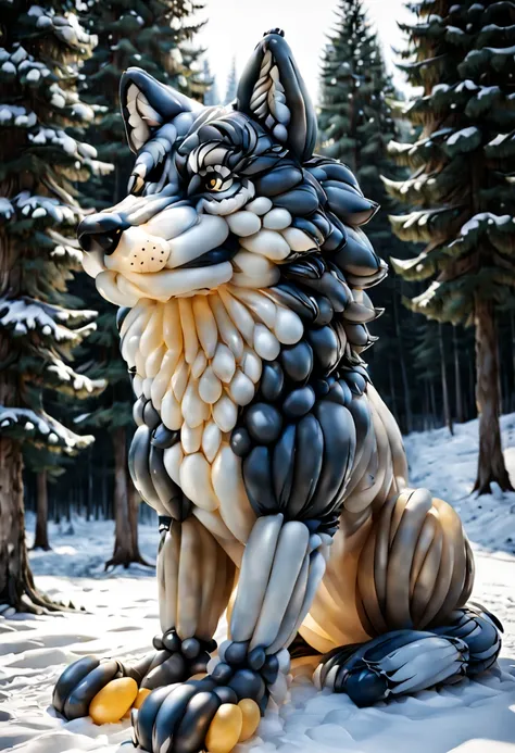 balloonz, balloons, made out of balloons, wolf, sitting on a stone at a snowy forest, natural lighting