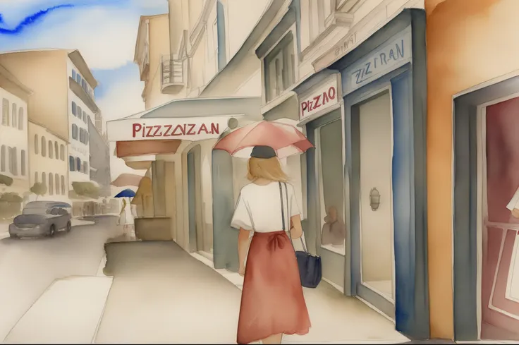 a blond woman walking at the street though a pizzaria, watercolor. --auto --s2