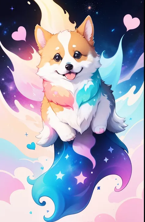 corgi, fluffy, adorable, big eyes, (pastel color scheme:1.2), bold outlines, sticker, hearts, stars, non-human, liquid color swi...