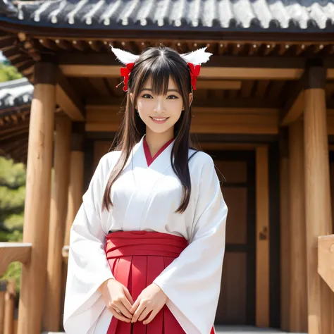 ((top-quality、masutepiece、8K、Top image quality))、beautiful shrine maiden、shrine maiden&#39;s white kimono、Chihaya the Shrine Maiden、Priestess red skirt、Perfect authentic shrine maiden costume、cowboy  shot、View me、Biggest smile、The background is a majestic ...